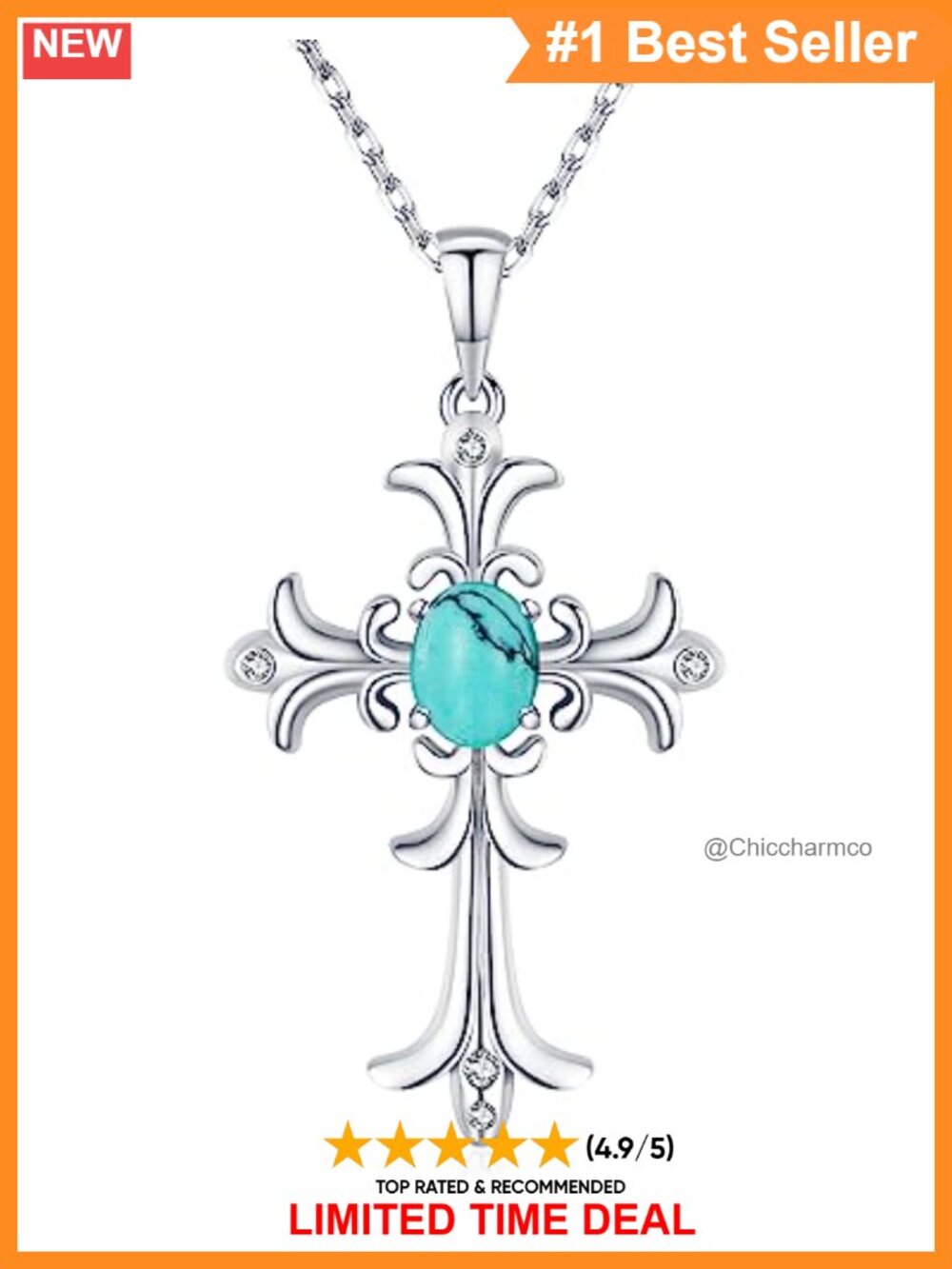 Sterling Silver Turquoise Cross Pendant Necklace 18"